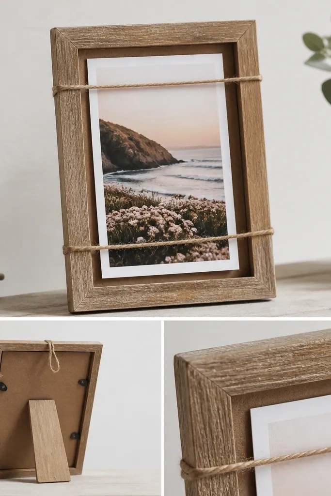 A small rectangular wood photo frame with a slightly weathered finish. It holds a single printed photo with twine holding the photo in place. The back has a simple string loop for hanging and a small stand.