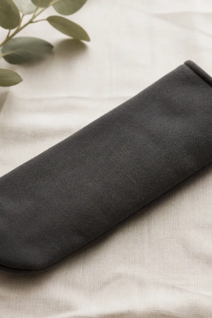 A soft sock made from thick cotton in charcoal. It's sewn shut at the toe, with a small stitched label. The sock has a visible seam and looks ready to heat. The fabric looks smooth and clean.