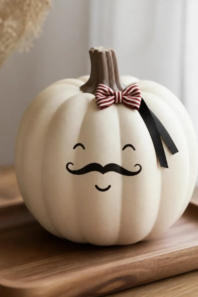 A cream foam pumpkin sits on a wooden tray. A thin black painted mustache sits above a small smile. The pumpkin has a tiny red-and-white striped bow tie pinned near the top, and a short black ribbon tail drapes down.