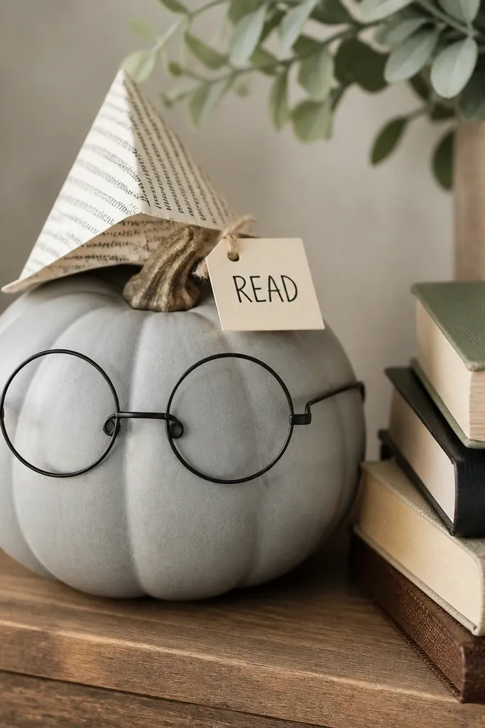A muted gray pumpkin has black wire eyeglasses glued across the front. On top sits a small paper "bookmark" folded like a pointed hat. A tiny tag reads 'READ' in a hand-drawn font, and the pumpkin sits beside a mini stack of faux books.