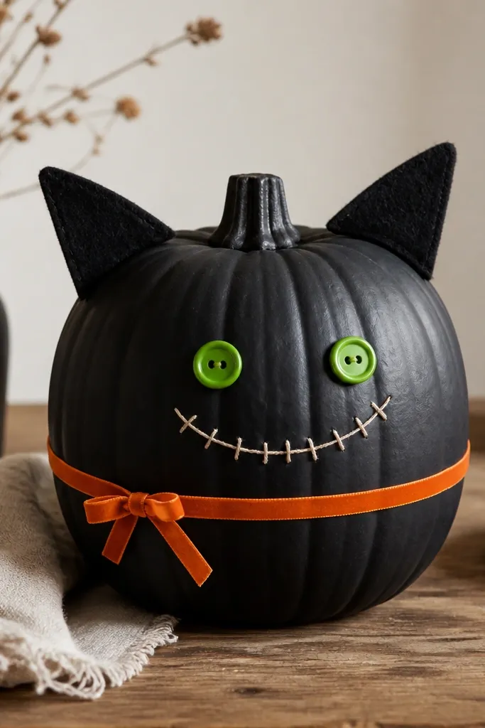 A black pumpkin is dressed like a cat. Felt ears sit on top, slightly angled outward. Two small green buttons act as eyes, with a stitched smile below. A tiny orange ribbon collar wraps around the pumpkin's middle.