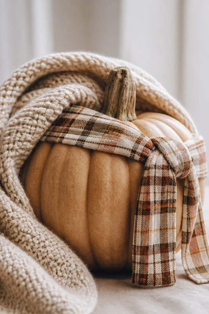 A tan pumpkin is wrapped partially in a small knitted throw blanket. The blanket drapes from the top down the front, with loose folds. A plaid ribbon sits across the pumpkin like a scarf.