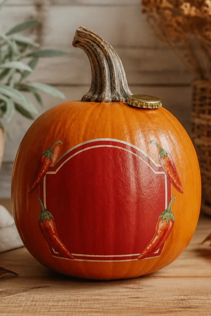 An orange pumpkin is painted like a bottle. A red label with white text sits on the front. A tiny metal bottle cap is glued near the stem as a 'lid,' and small faux chili shapes decorate the label edges.