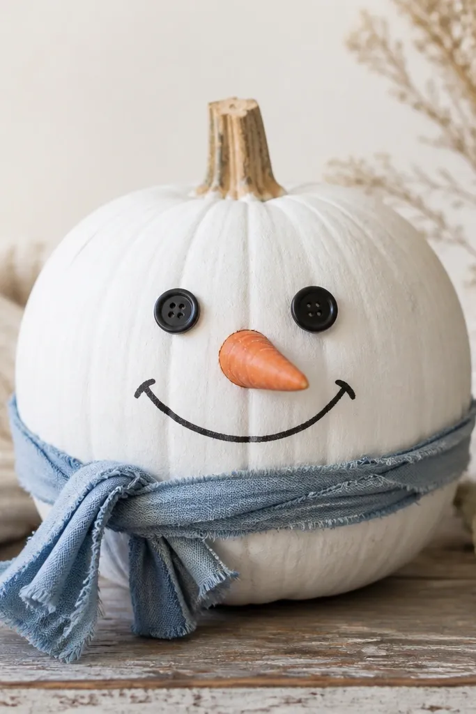A white-painted pumpkin has a carrot-shaped orange nose. Two black button eyes and a curved smile sit on the face. The pumpkin wears a tiny blue scarf made from fabric strips.
