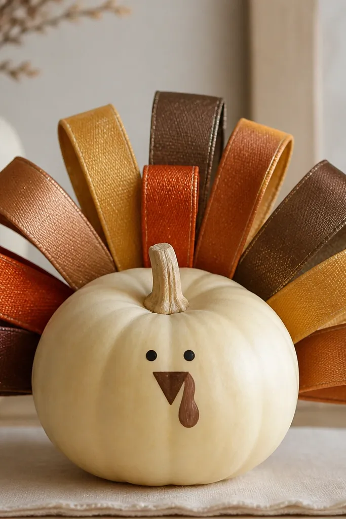 A warm cream pumpkin has a small turkey face drawn in brown and black. A fan of ribbon strips spreads from the back like a turkey tail. The ribbons are brown, gold, and rust with a slight shimmer.