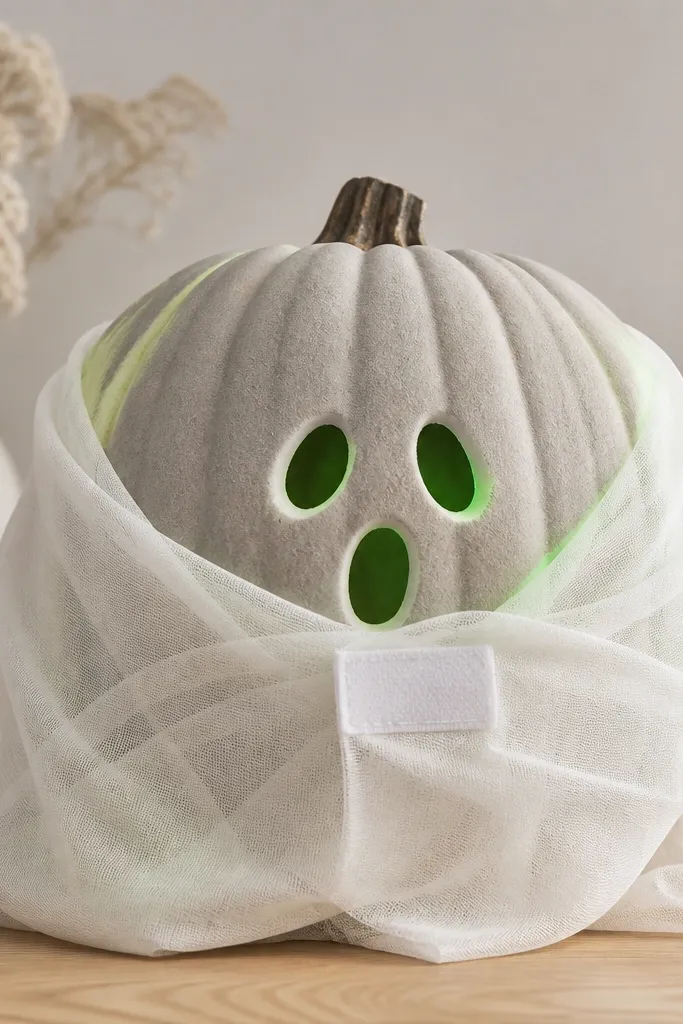 A light gray pumpkin has a small ghost face cutout. A translucent white fabric ghost wraps around the front with a Velcro strap. Behind it, faint glow paint marks appear around the edges.