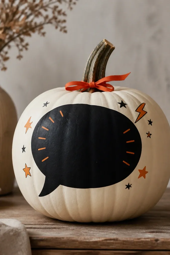 A pumpkin painted cream has a bold black speech bubble sticker on the front with orange doodle text. Small star and lightning doodles scatter around the bubble, and a tiny red ribbon wraps the stem.