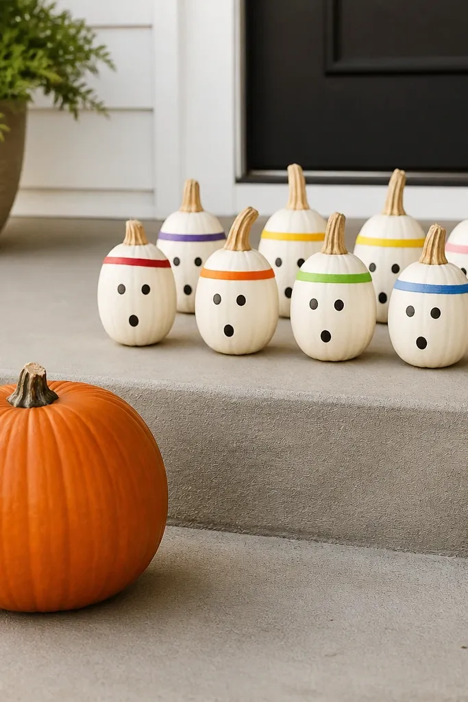 A group of small white pumpkins are arranged like bowling pins on a porch step. Each pumpkin has a black dot face and a colored band near the top. One larger orange pumpkin acts like the bowling ball base.