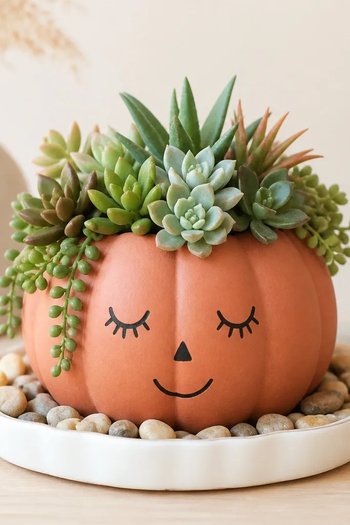 A terracotta pumpkin is painted with a simple face. From the top, a tuft of faux succulents grows like hair. The pumpkin sits in a white ceramic tray with pebbles around the base.