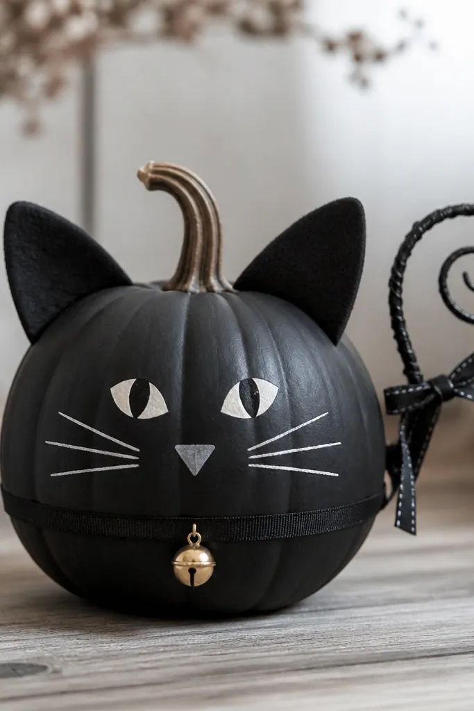 A black pumpkin has a curled tail made from wire and ribbon stuck to the side. A small collar wraps around the middle with a tiny gold bell. The cat face has whisker lines painted in white.