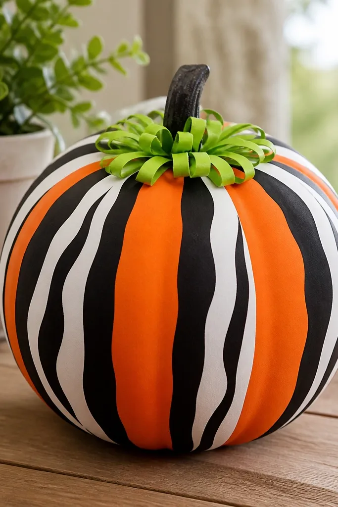An orange foam pumpkin has black and white zebra stripes painted in vertical bands. A small tuft of green ribbon sits at the stem like a mane. The stripes wrap evenly around the pumpkin and look bold.