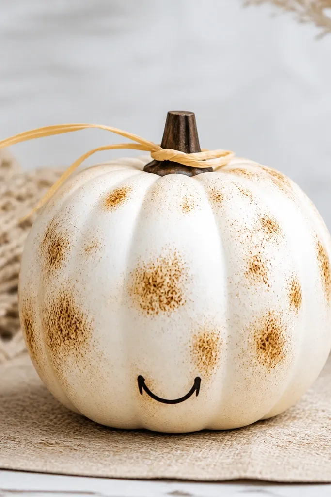A white pumpkin is painted like a toasted marshmallow. Brown char spots are scattered unevenly across the surface. A thin tan ribbon "stick" is wrapped near the stem, and a small black smile is drawn low on the front.