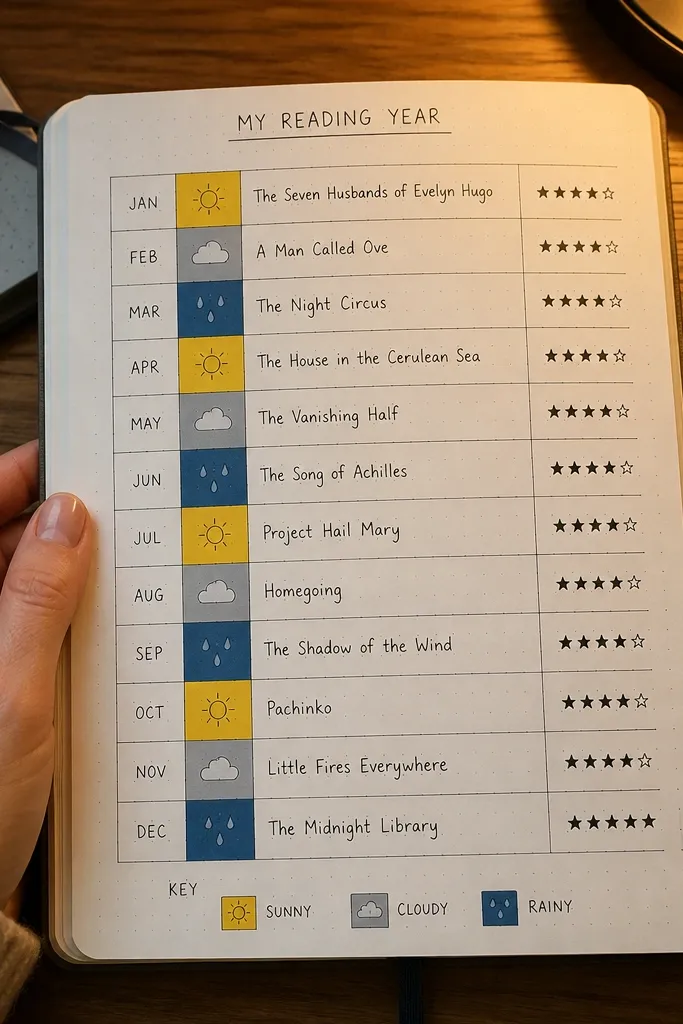 A journal page with a 12-box monthly strip labeled with tiny weather icons and book ratings.