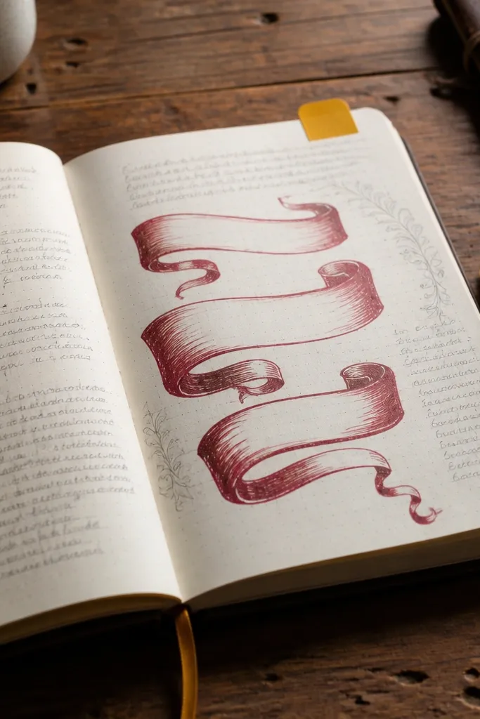 A page with a wide ribbon banner for a quote and small margin notes beside it.