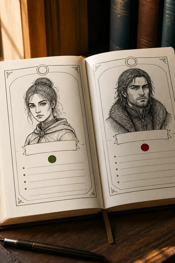 Two side-by-side character cards with names, traits, and a tiny headshot silhouette symbol.