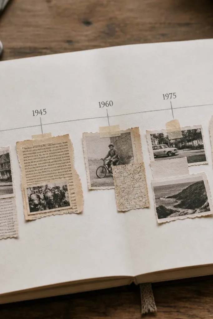A timeline line with taped paper clippings and dates next to key nonfiction ideas.