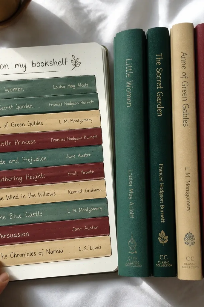 A vertical set of colored bands labeled with book titles, like a mini bookshelf spine display.