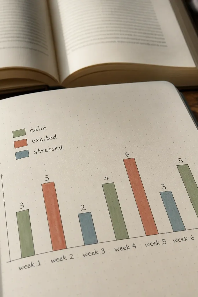 A bar graph with bars labeled by week and a mood scale from calm to intense.
