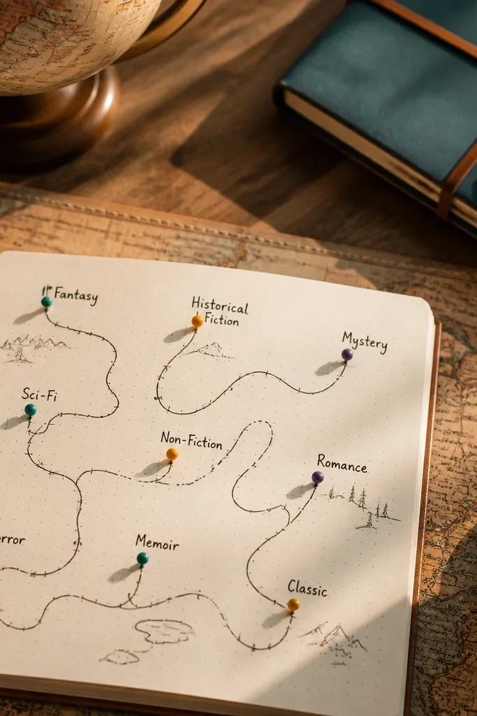 A simple map-style page with routes and pins labeled by genre and book titles.