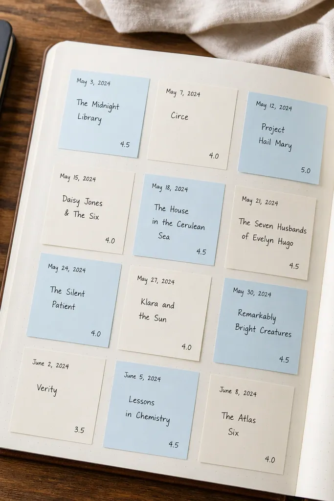 A page with offset square tiles for dates, each tile holding one book and a rating.