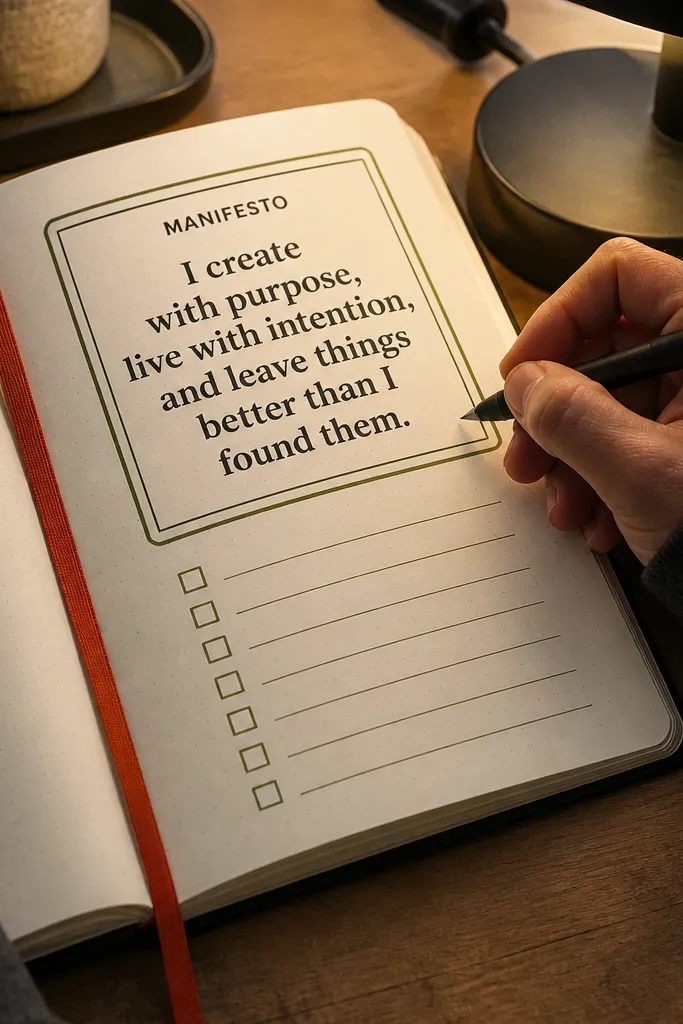 A bold outlined box with a short manifesto sentence and a small checklist of reading goals.