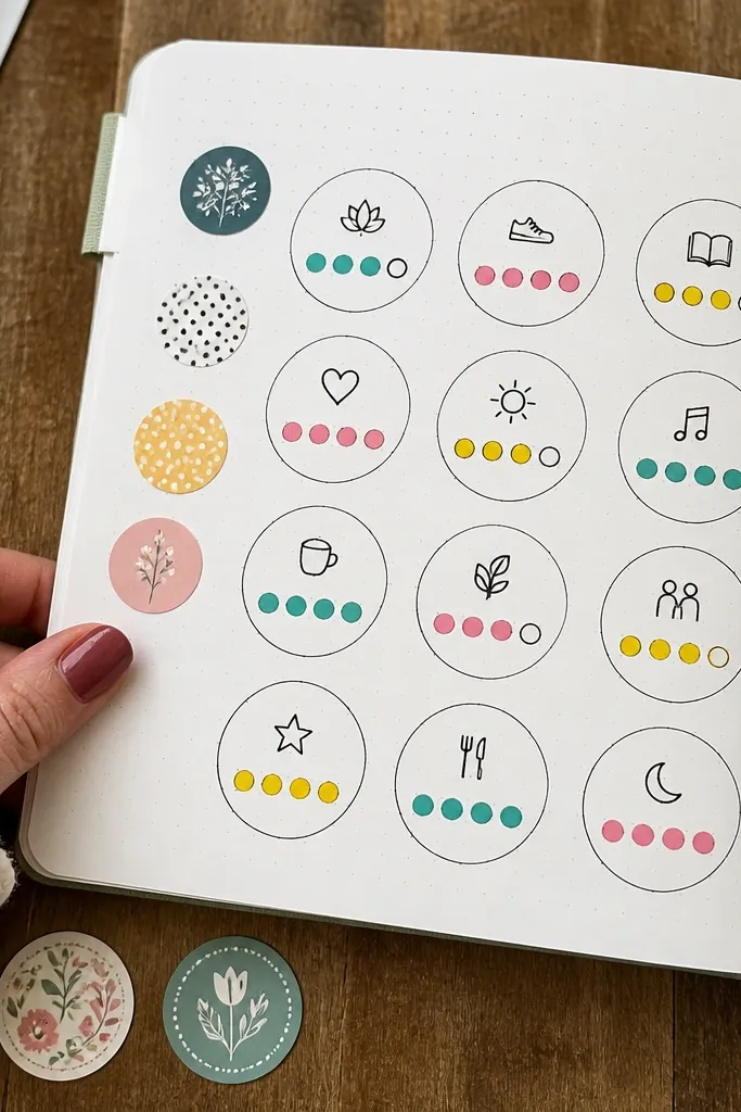 A page with a grid of sticker-like circles labeled with book titles and dot ratings.