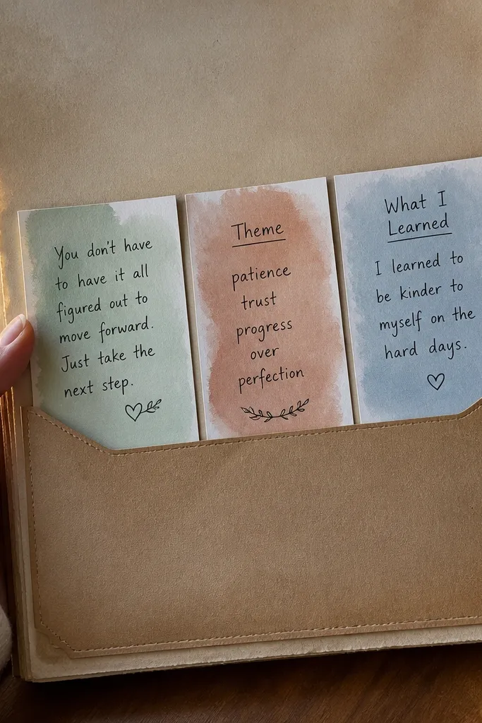 A journal page with a small fold-out pocket containing a seasonal theme note and -like cards.