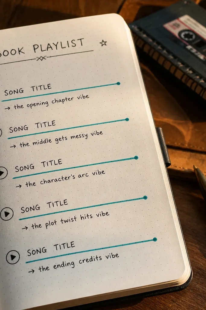 A page with five horizontal lines labeled by song slots and tied to a book theme.