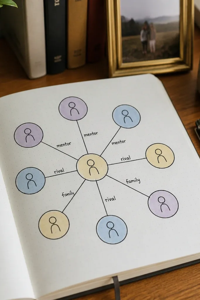 A web diagram with circles connected by lines, each circle labeled with a character name.