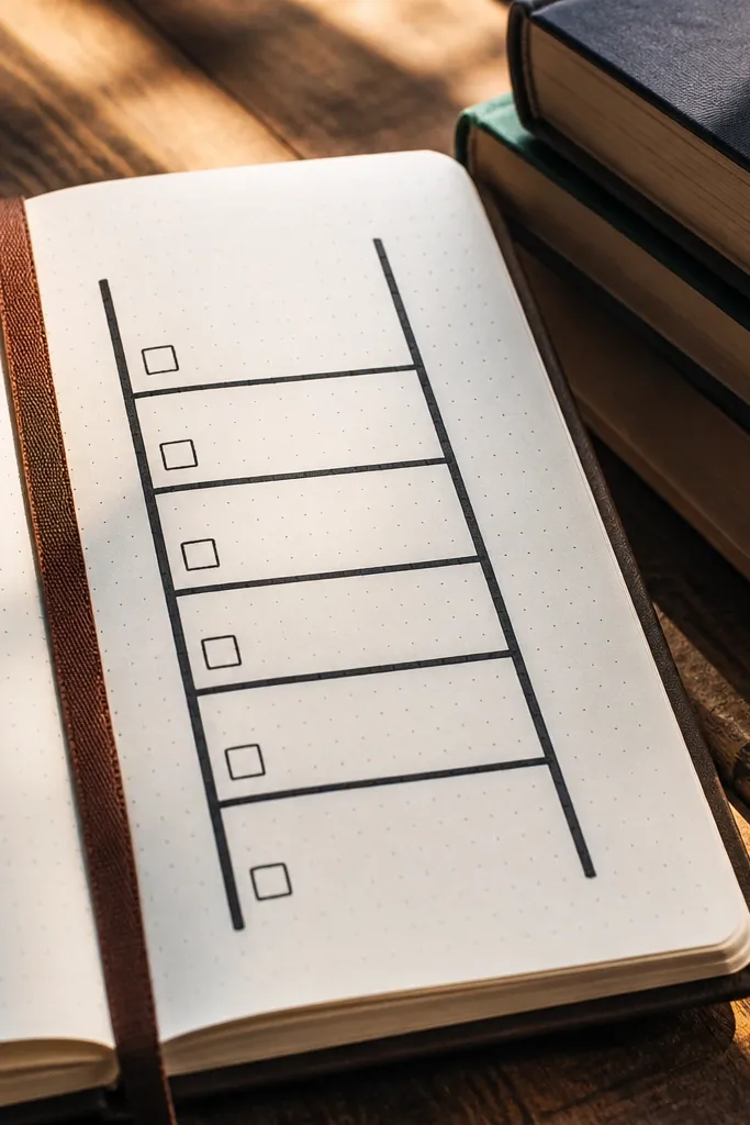 A ladder drawn on the page with rungs labeled by goals and small check marks.