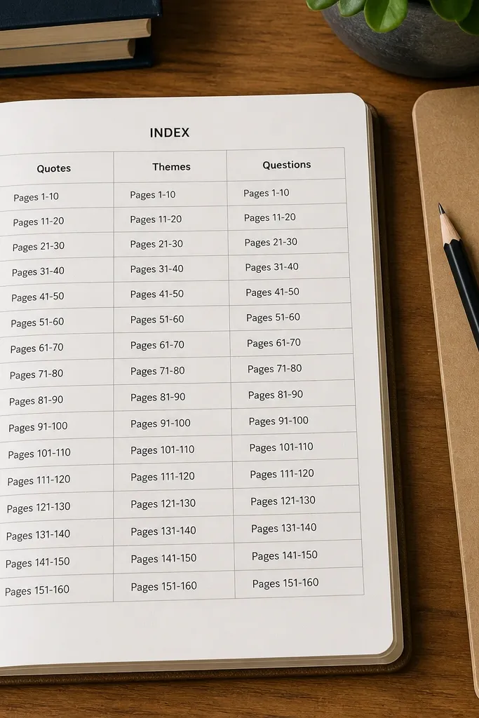 A structured index table with categories like quote, question, theme, and page numbers.