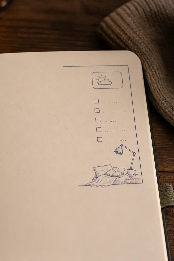 A corner frame on a page with a small checklist and a tiny sketch of a reading setup.