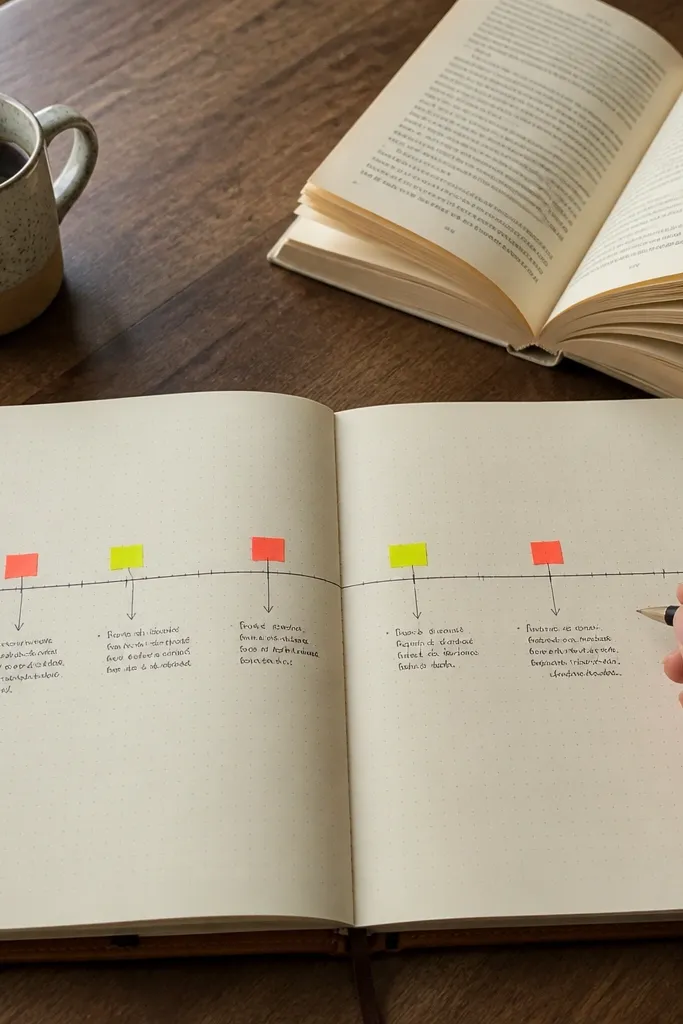 A chapter timeline line with small highlight markers and short notes under each marker.