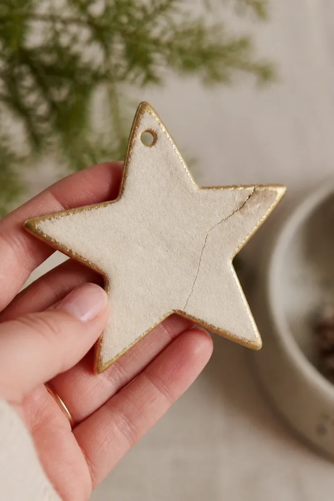A hand holding a small salt dough star ornament with visible hairline cracks along one arm. The star is painted a muted cream with a light gold edge, and the cracks catch the light slightly.