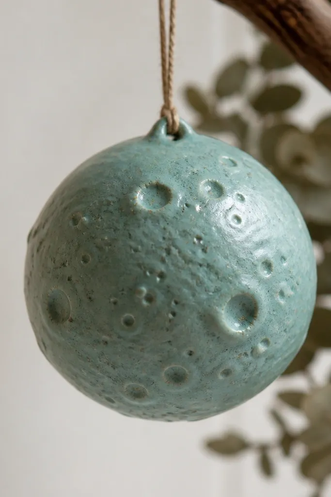 A salt dough ornament sphere with small raised bumps and crater-like spots. It's painted pale turquoise, and the raised areas look uneven under the light.