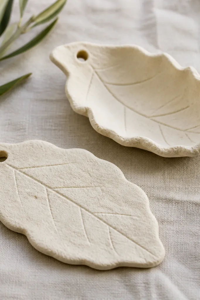 Two salt dough ornaments shaped like leaves. One leaf curls upward at the edges, and the other lies flat. Both are unpainted, showing the thickness and uneven warping.