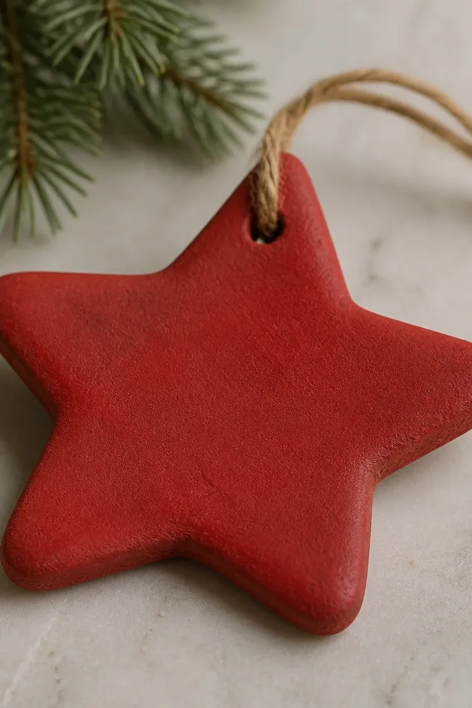 A salt dough ornament with softened, rounded edges. The ornament is painted dark red, and the paint looks slightly dull where the edge has softened.