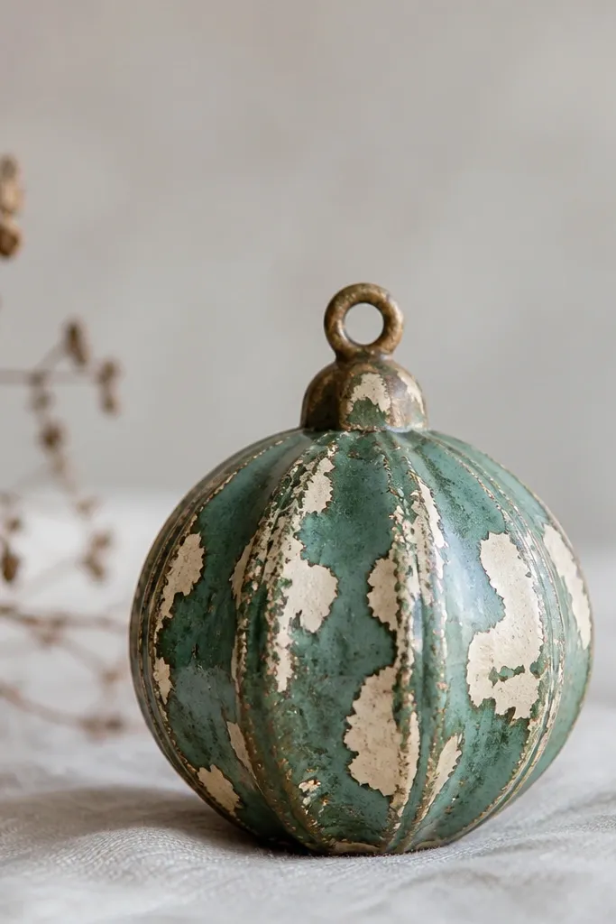 A small ornament with flaking paint. The base is visible in patches - cream dough peeks through where the top layer has lifted.