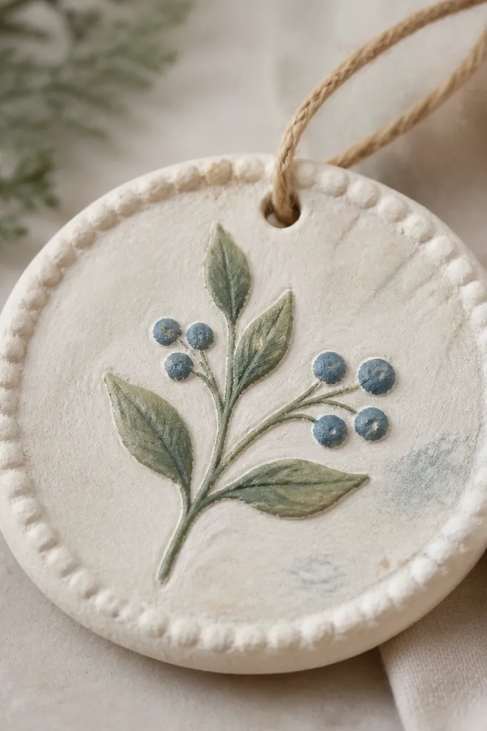 A painted salt dough ornament with a dusty, chalky surface. The ornament shows finger smudges near a raised border.