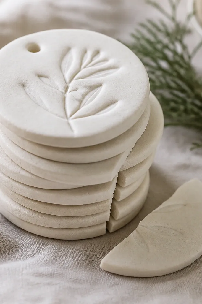 A stack of salt dough ornaments that includes one broken piece. The broken piece shows a thin edge and a clean snap line.
