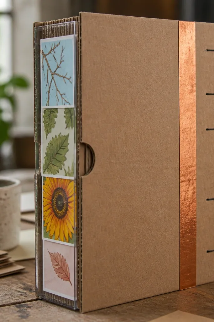 Brown cardboard cover with a clear pocket window on the spine
