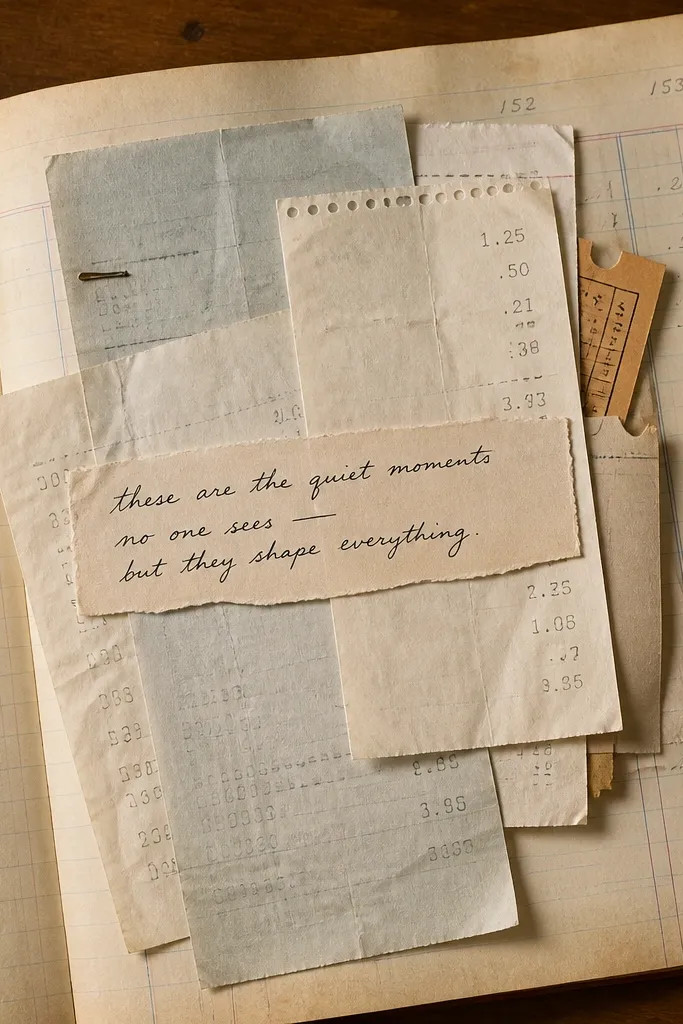 Stack of receipts and tickets layered like a ledger under a