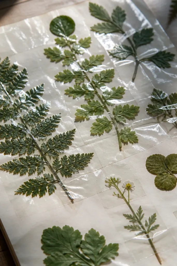 Pressed leaves under a clear tape rectangle on a scrapbook page