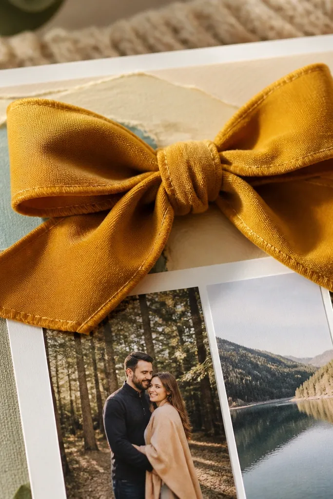 Fabric bow at top of scrapbook page with a small title label beneath