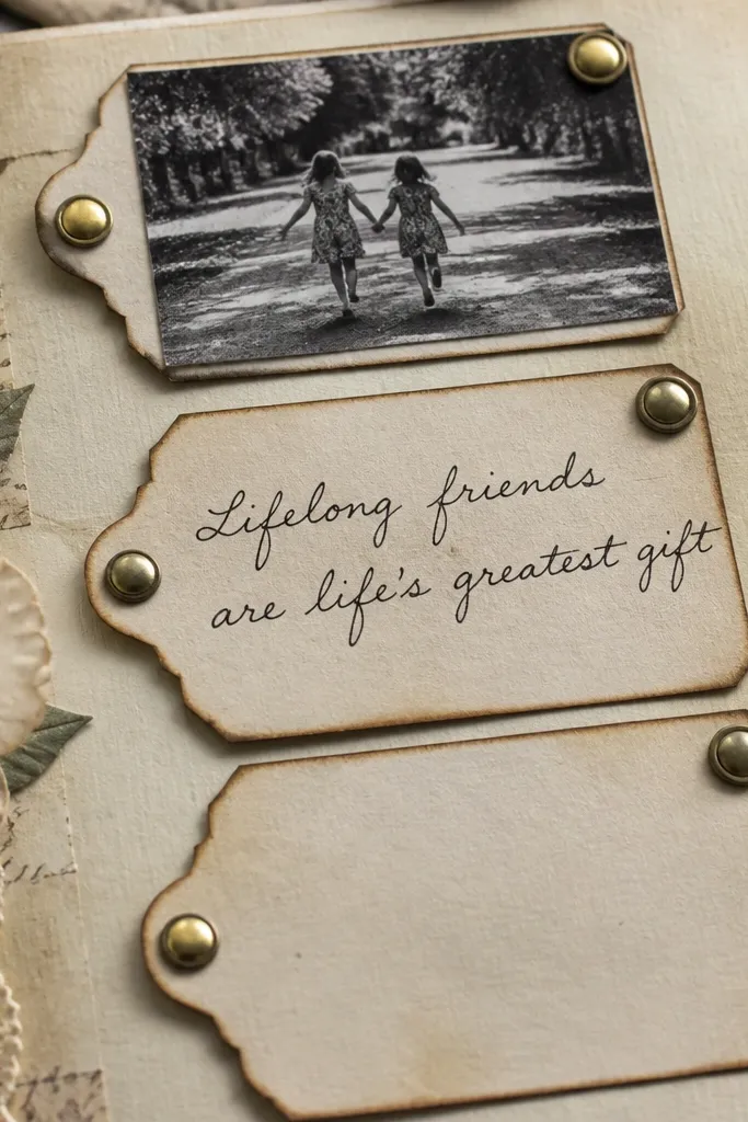 Layered paper tag tabs fastened with gold brads on a scrapbook page