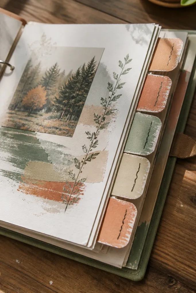 Small painted paper tabs along the side with month text