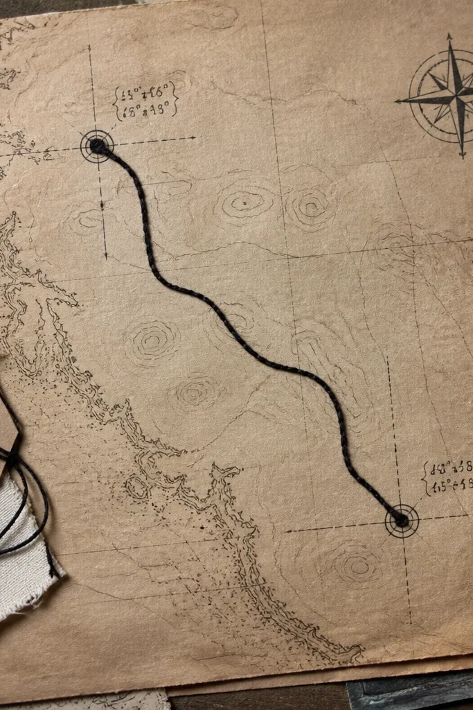Handwritten coordinates with thread drawn as a line connecting two points
