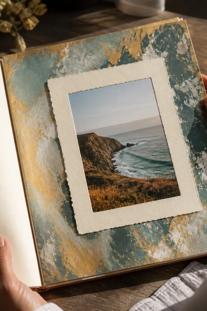 Soft gel print background with a hand-cut window frame for a