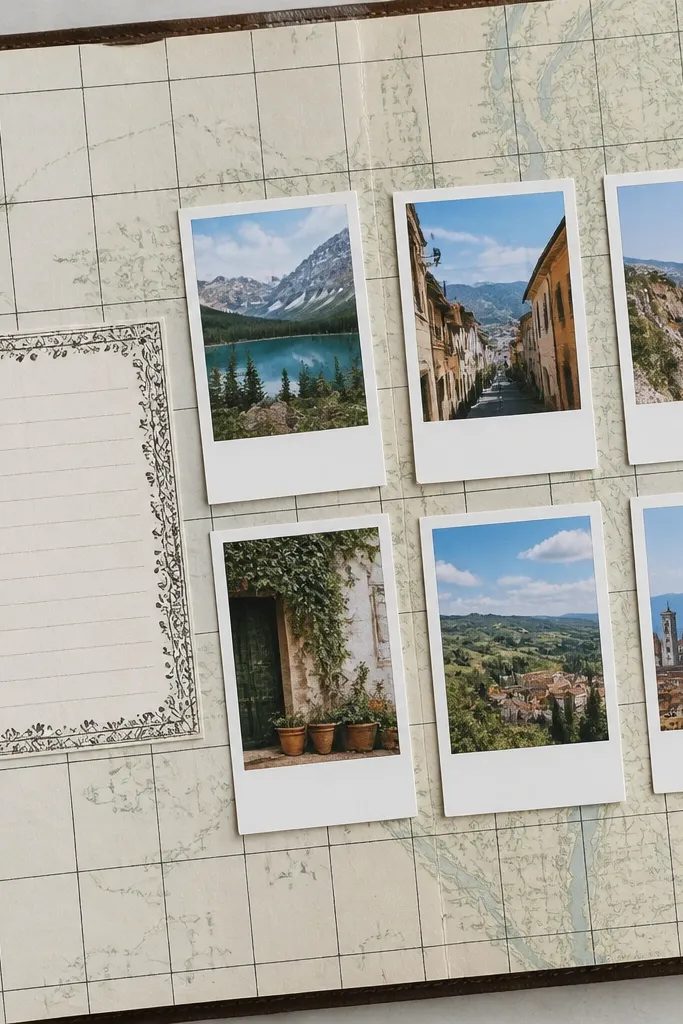 Grid paper background with small polaroid-style cards