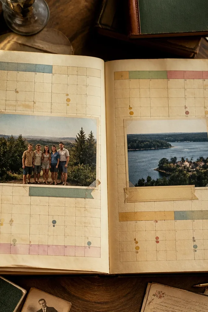 Calendar page cut into strips with photos layered over the dates